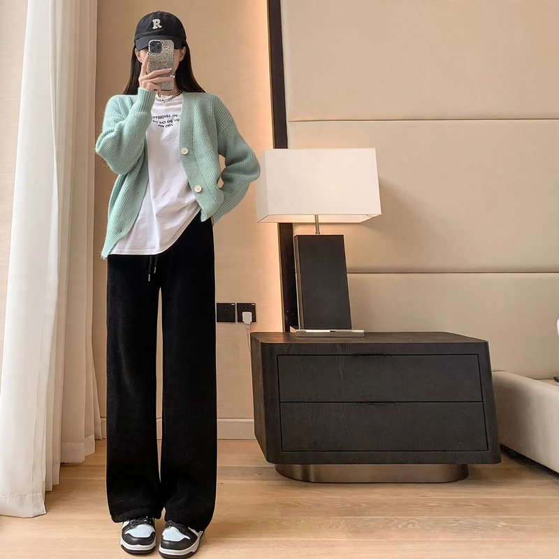 Chenille wide pants with straight cut