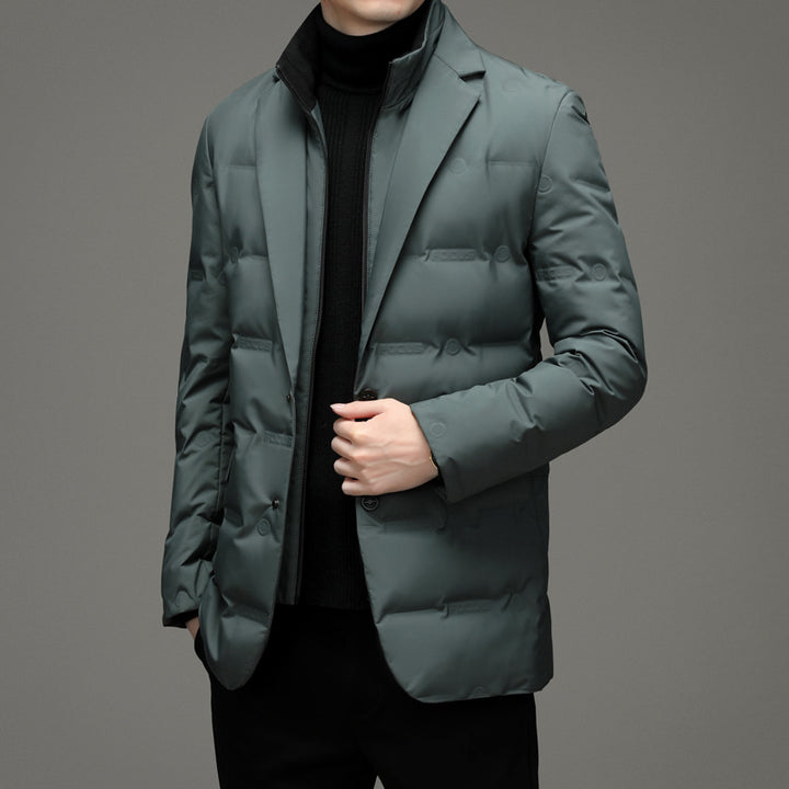 Men's down jacket, blazer style, detachable stand-up collar