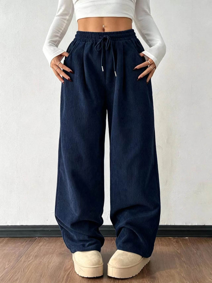 Cord pants with drawstring and wide leg