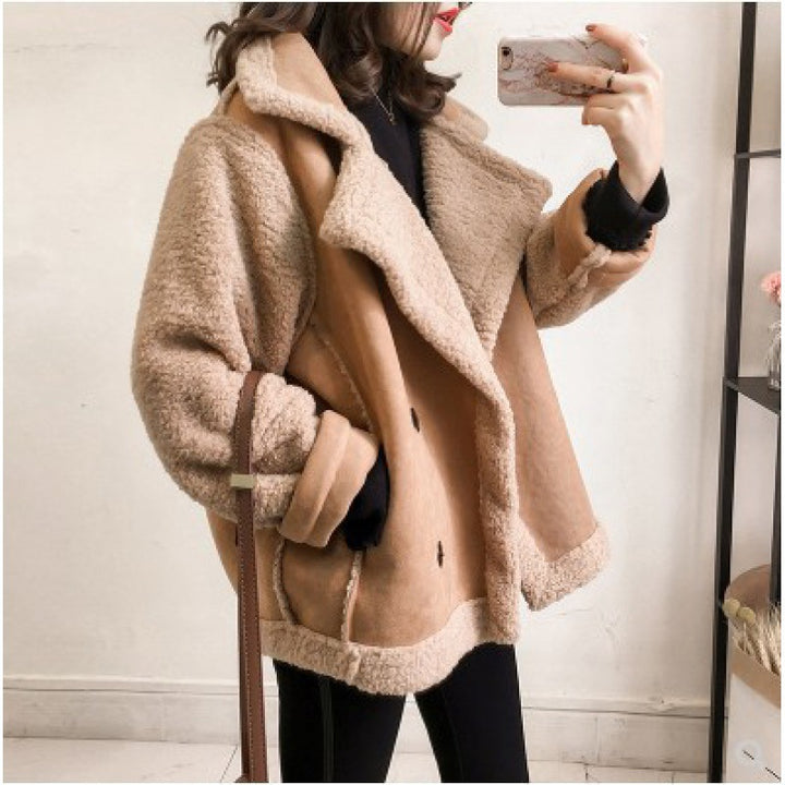 Casual biker jacket made of suede imitation with lamb fleece