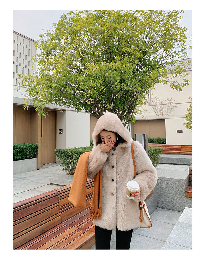 Women's lamb fleece coat with hood, mid-length