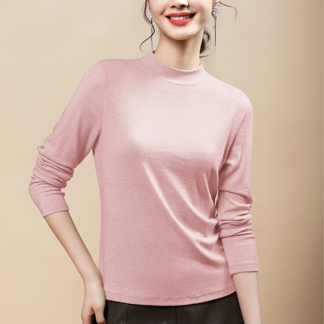 Women’s long-sleeve shirt made of wool blend with stand-up collar