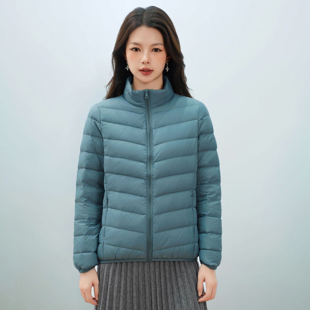 Light women's down jacket with stand-up collar