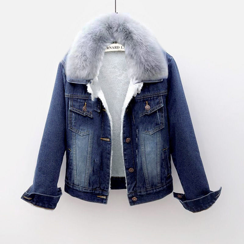 Padded denim jacket with large fur collar