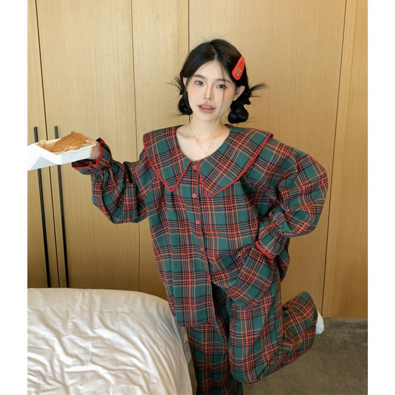 Women's house suit, checked, made of brushed cotton-linen blend