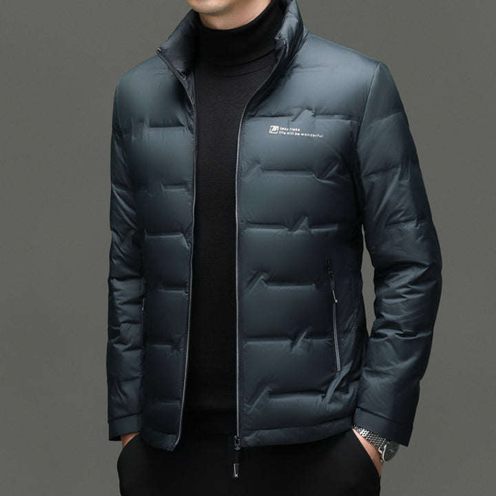 Light men's down jacket with stand-up collar