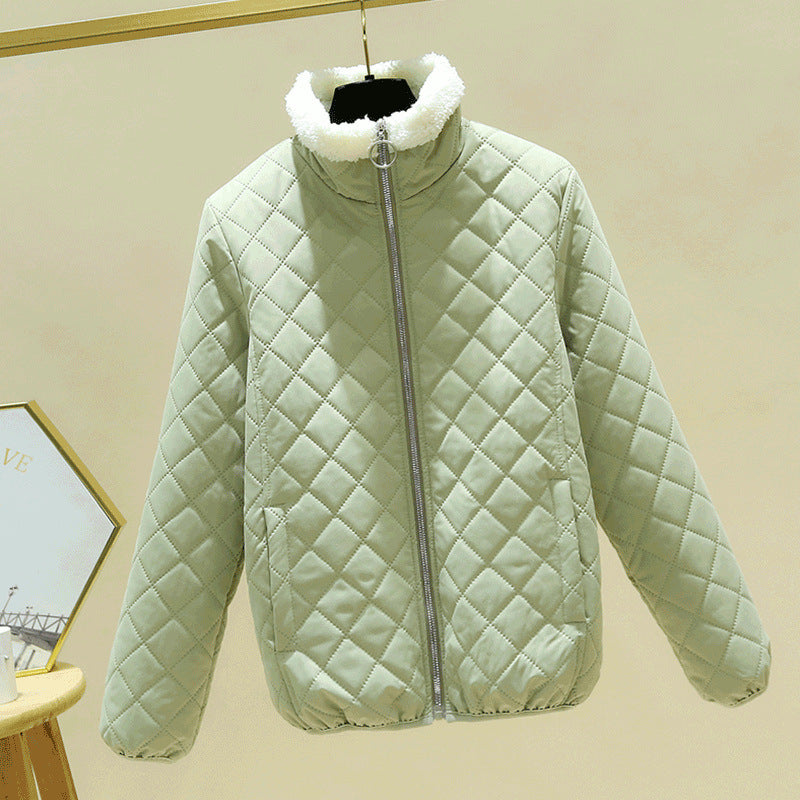 Light women's padded jacket with lambskin look and stand-up collar