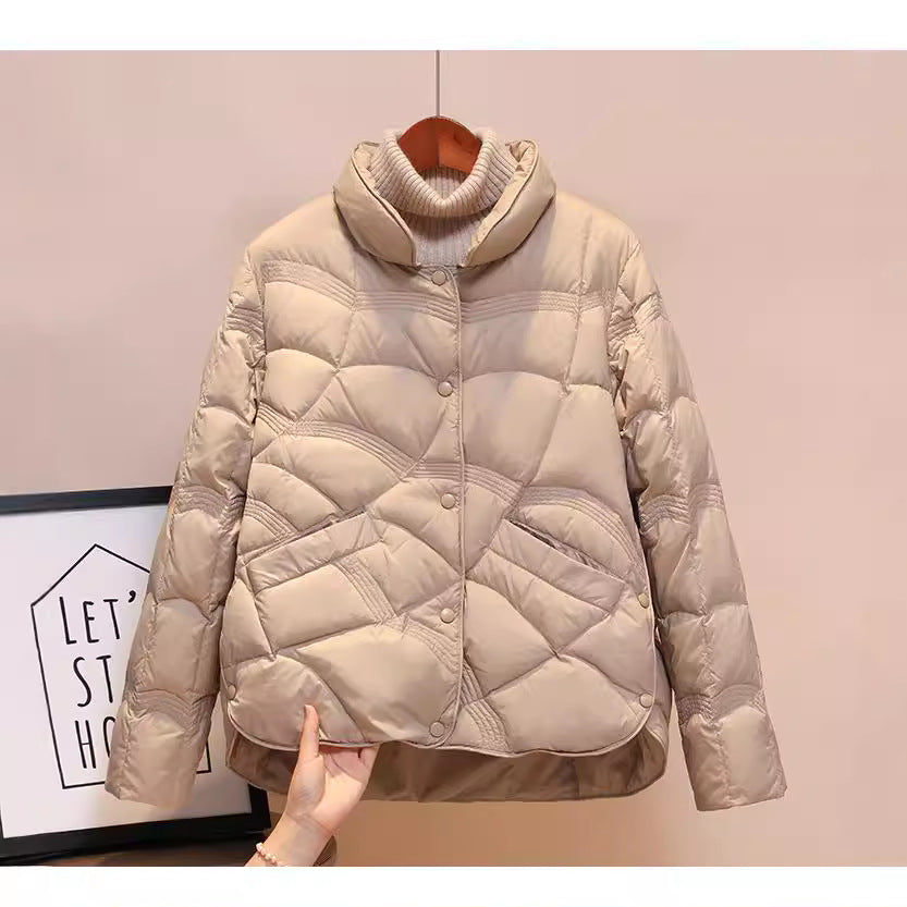 Short women's down jacket with stand-up collar