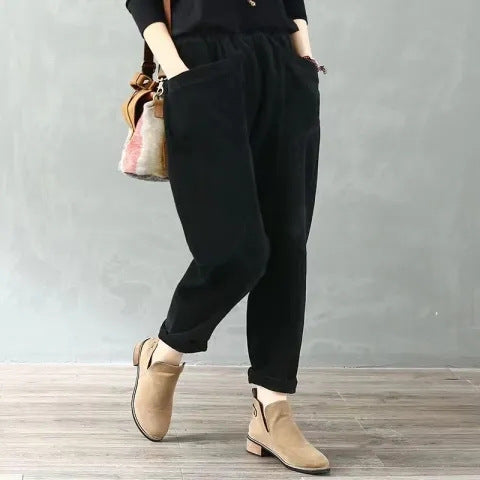 Fleece-lined cord harem pants with elastic waistband