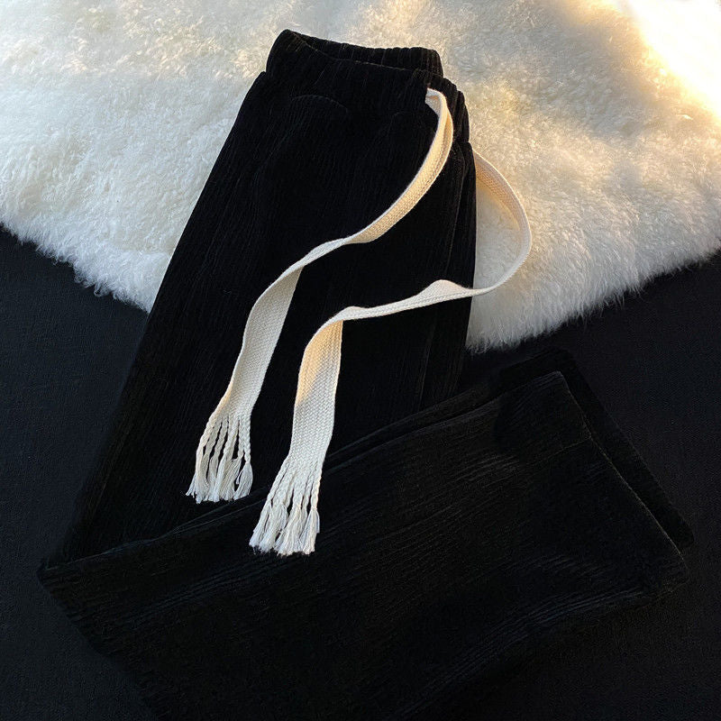 Cord wide pants with drawstring and high waist