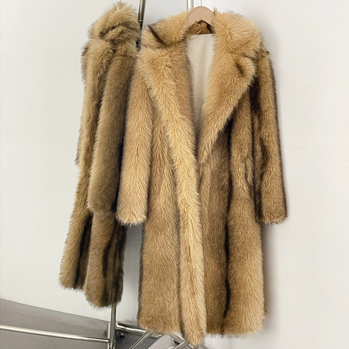 Elegant faux fur coat with lapel collar