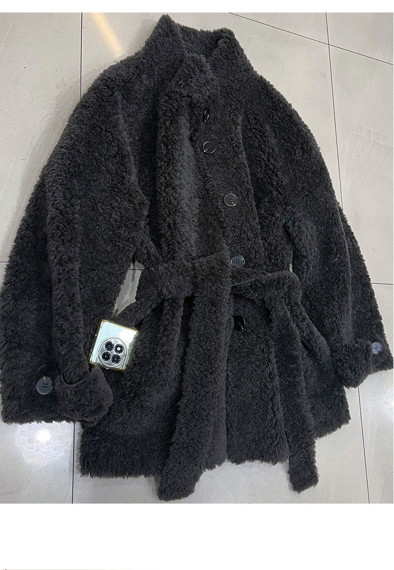 Sheepskin coat with tie belt