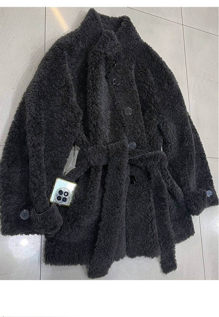 Sheepskin coat with tie belt
