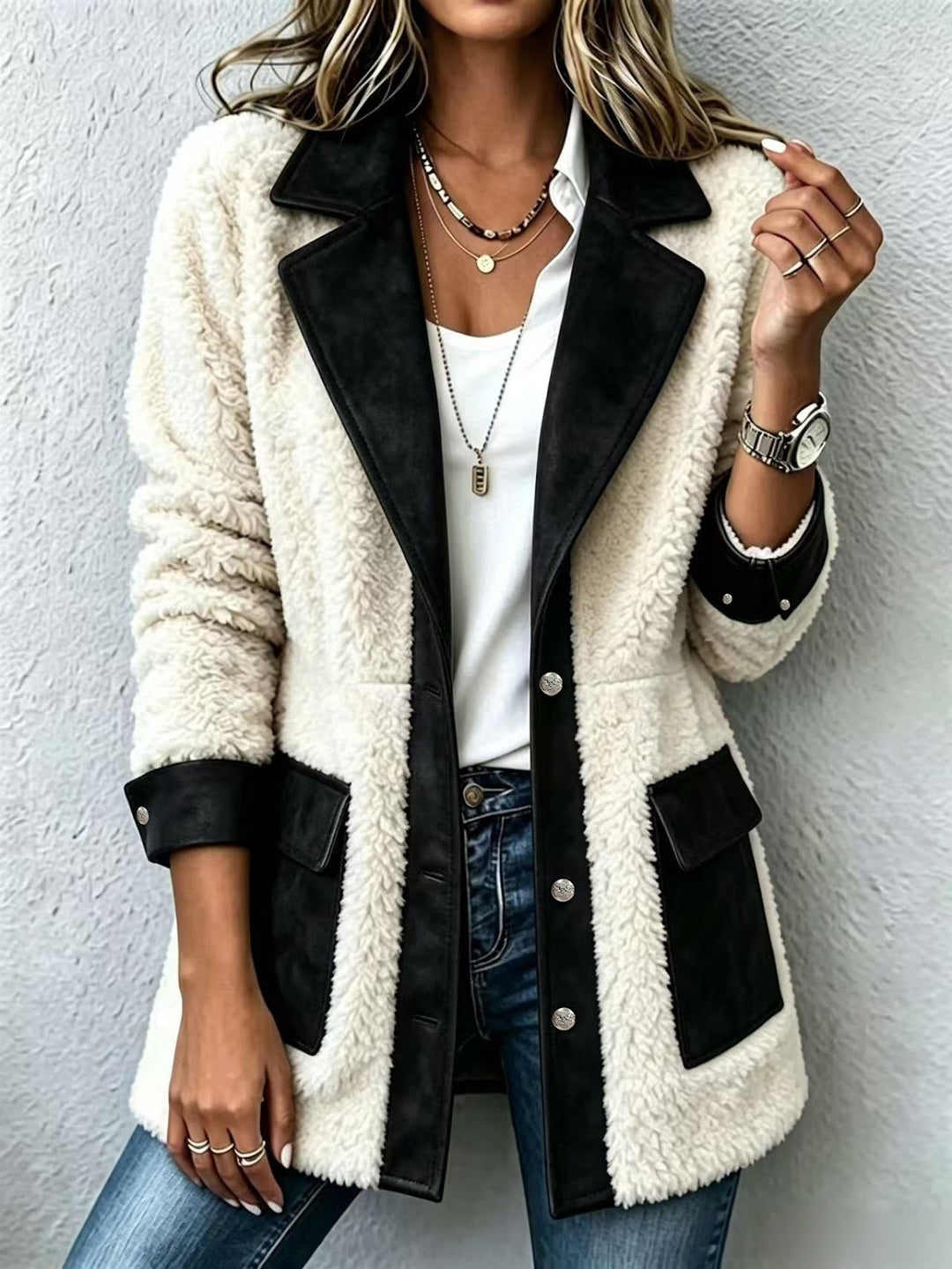 Lamb fleece jacket with lapels and button placket