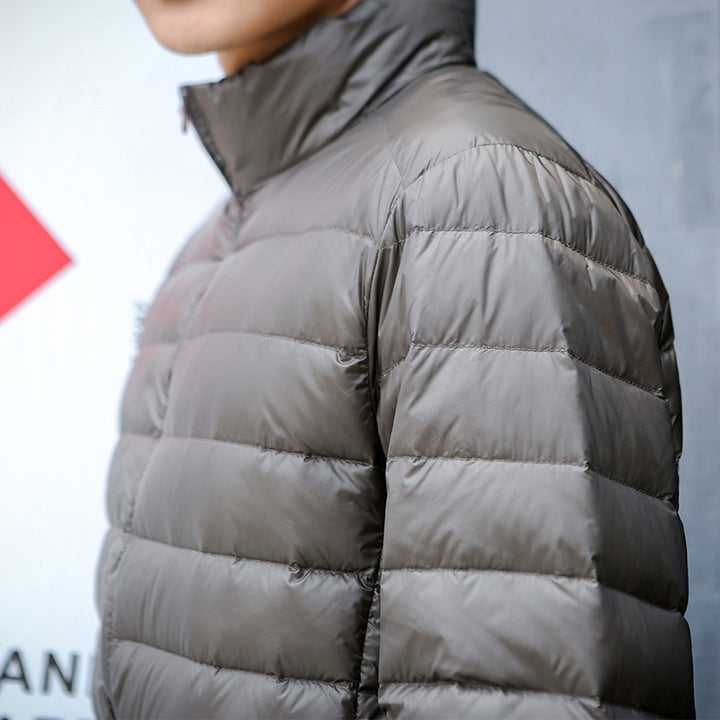 Light men's down jacket, stand-up collar, slim fit