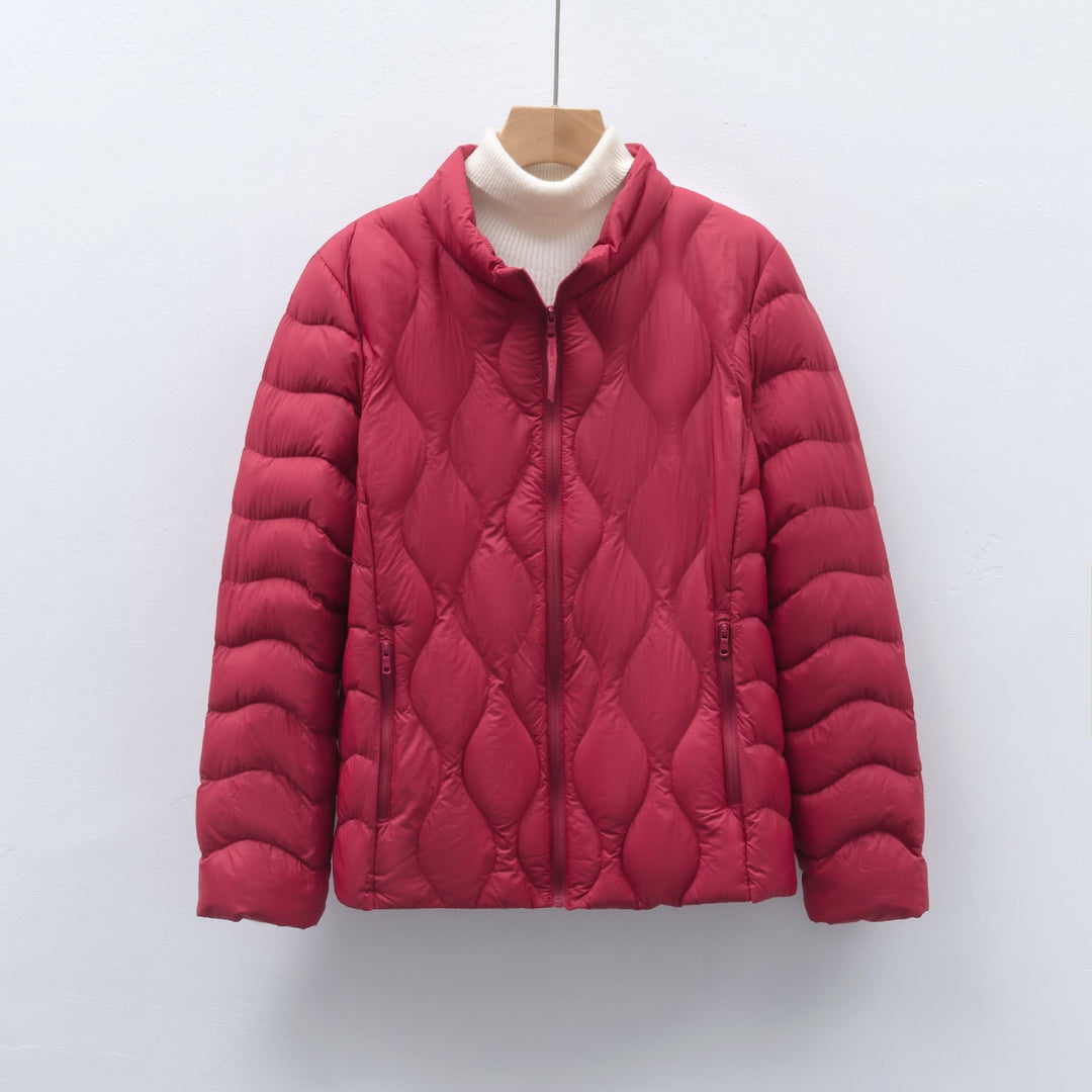 Light women's down jacket with stand-up collar and wave pattern