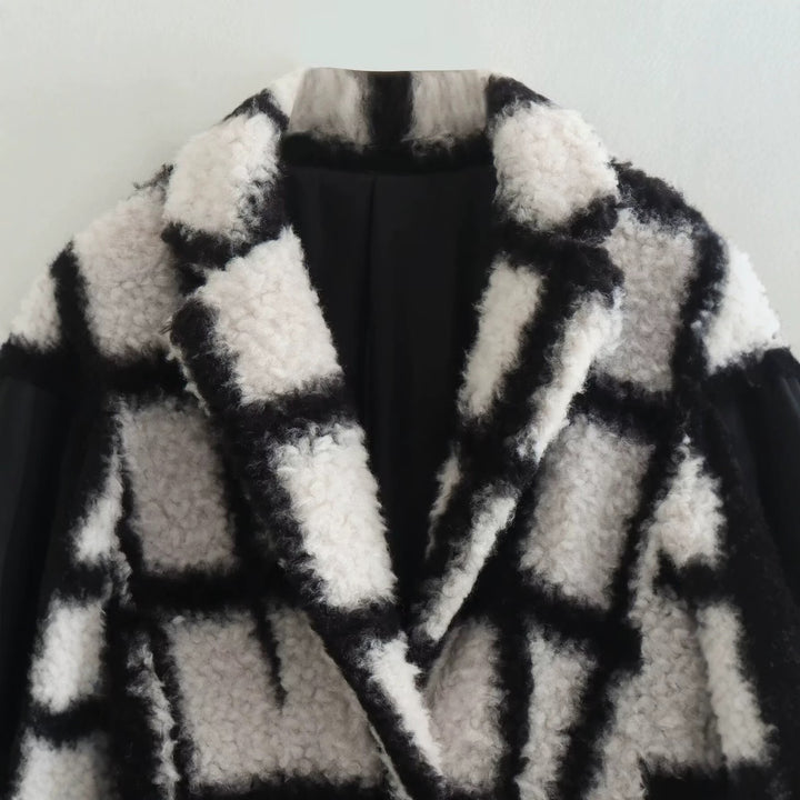 Teddy coat, checked, lapel collar, women's