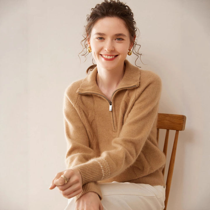 Women's cashmere sweater with stand-up collar and zipper