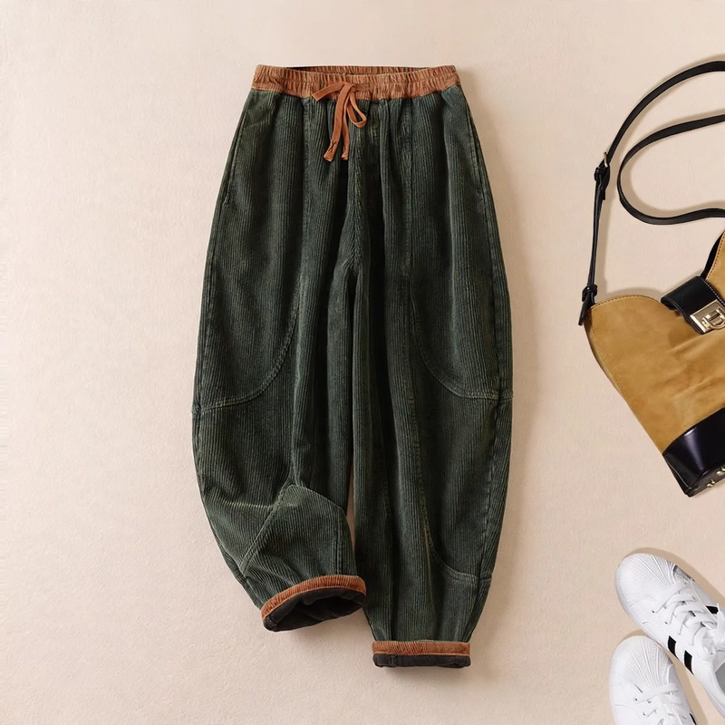 Women's corduroy trousers, lined, with adjustable belt, tapered
