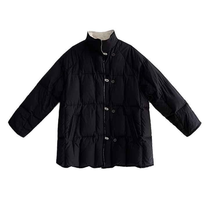 Reversible down jacket with stand-up collar