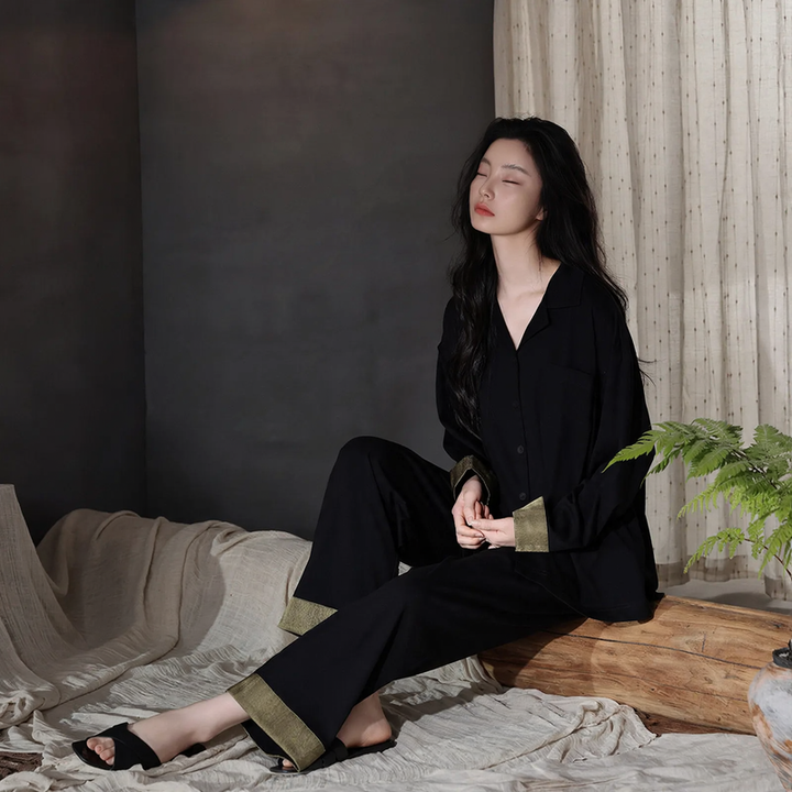 Cotton pajama set with button placket, long sleeves