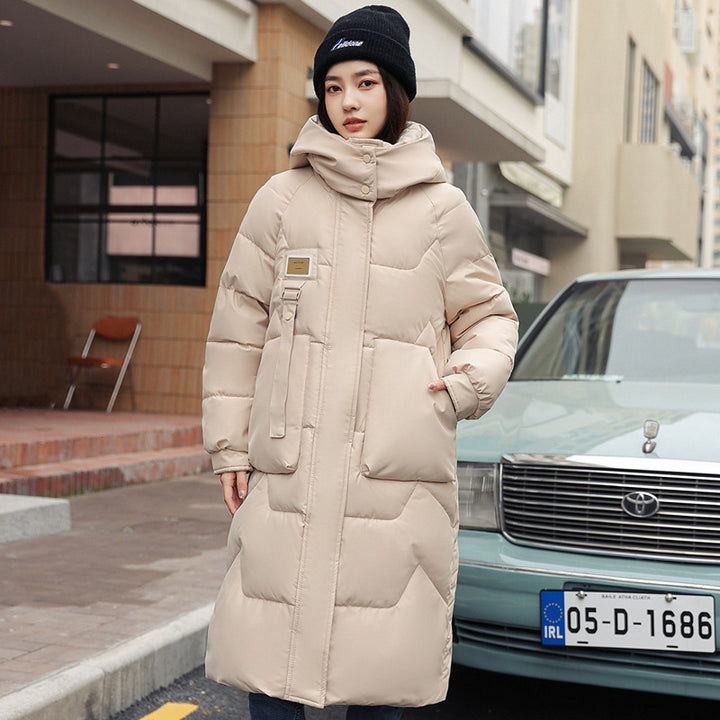 Long women's coat, knee-length, detachable hood
