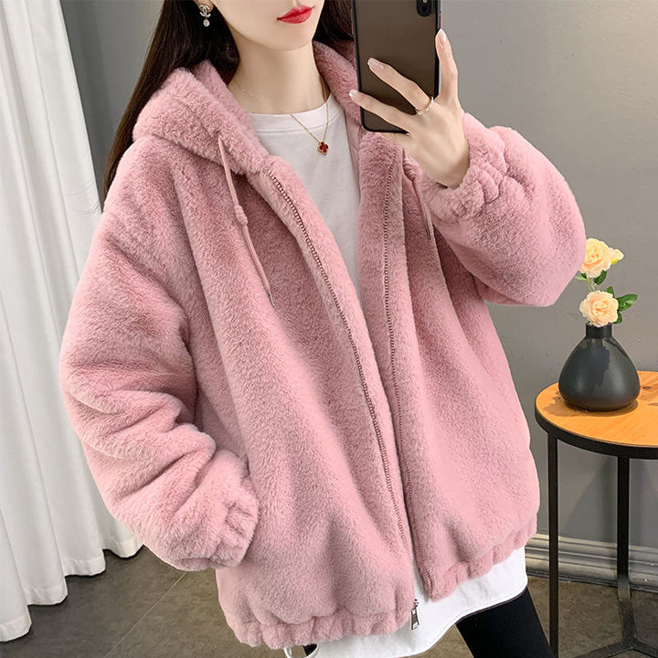Lammfleece Coat with Hood, Mid-length