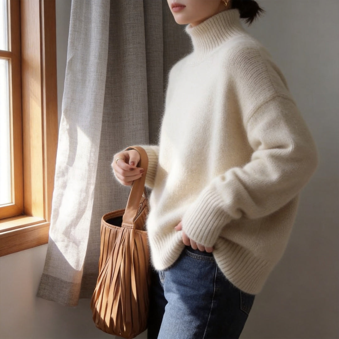 Loose women's knitted sweater with turtleneck