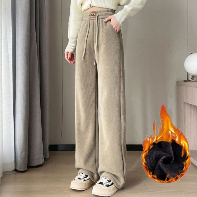 Fleece-lined corduroy wide trousers for women, extra warm