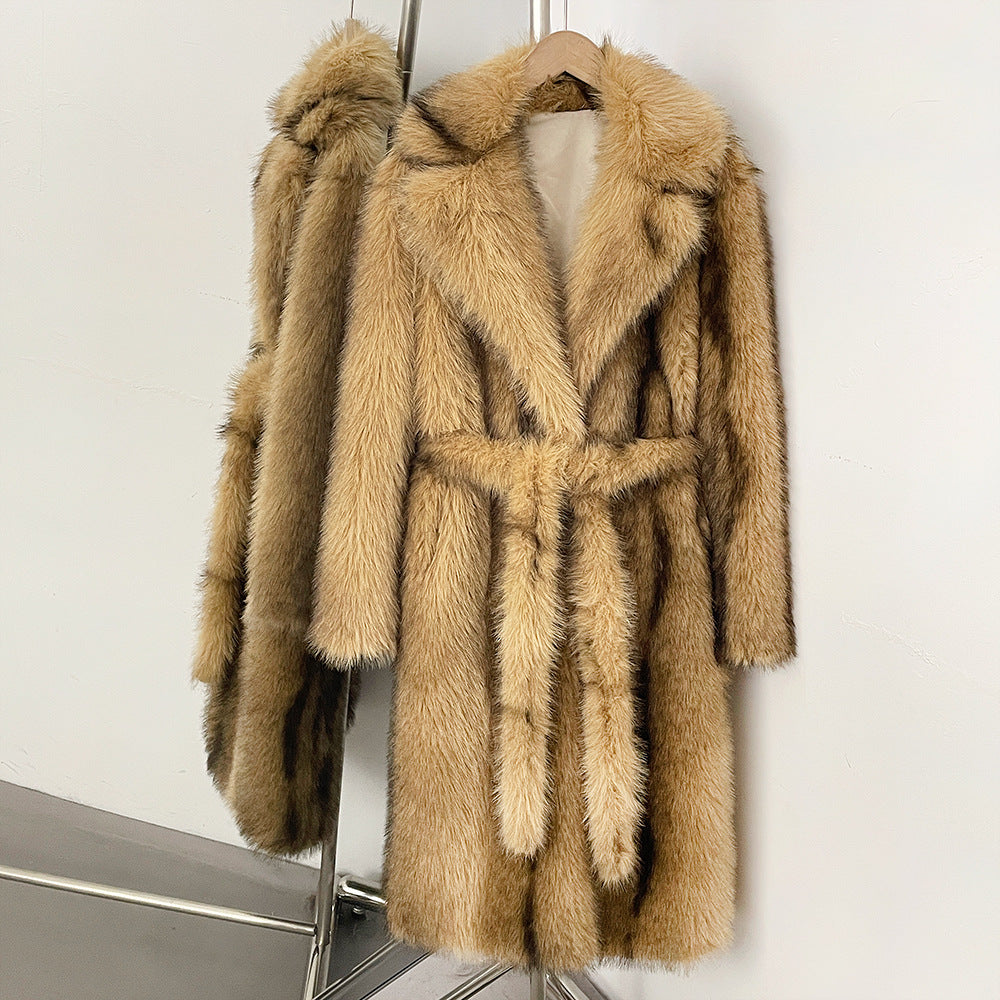 Elegant faux fur coat with lapel collar