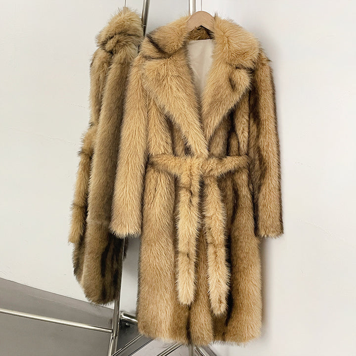 Elegant faux fur coat with lapel collar