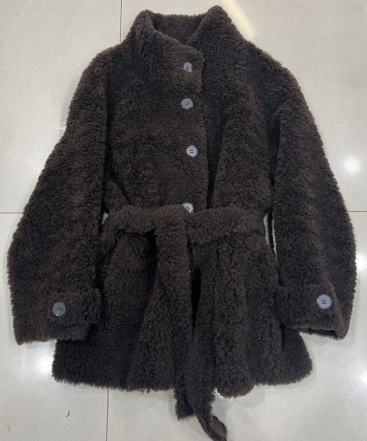 Sheepskin coat with tie belt