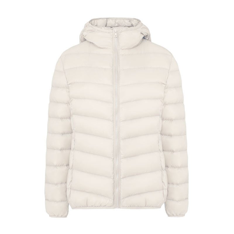 Light women's down jacket with hood, water-repellent