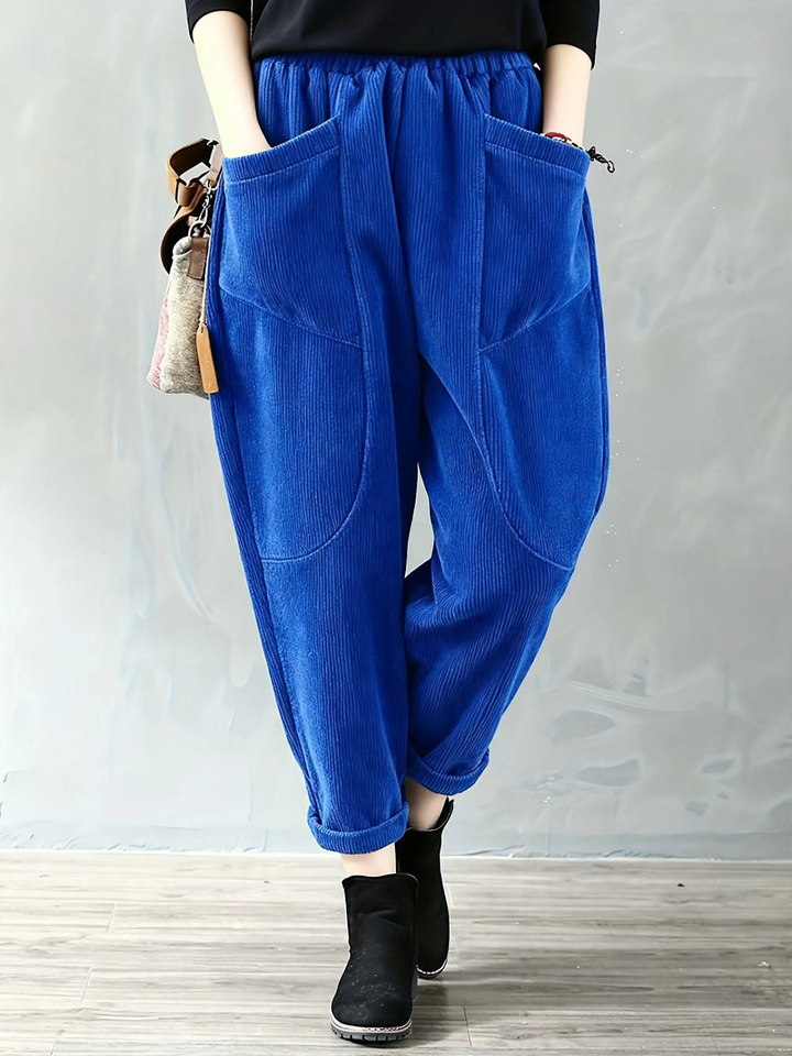 Fleece-lined cord harem pants with elastic waistband