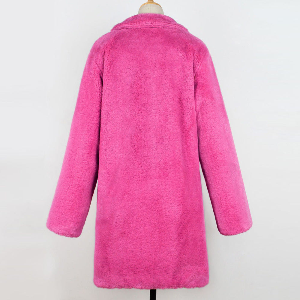 Long women's faux fur coat with lapel collar