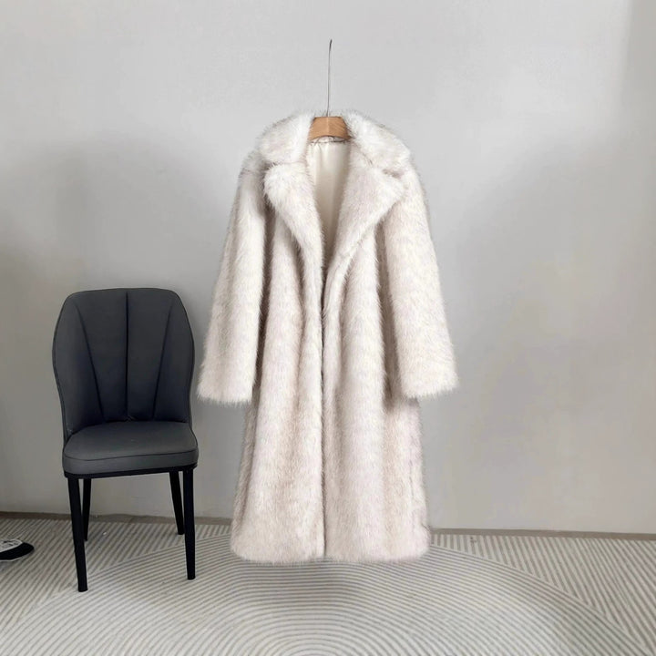 Long faux fur coat with lapels for women