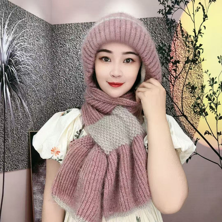 Knitted hat and scarf set, lined, windproof