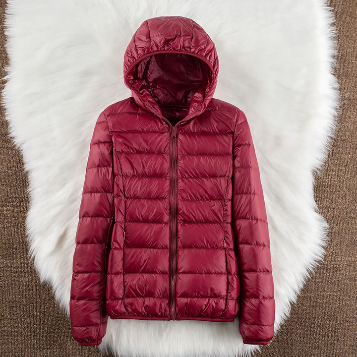 Light women's down jacket with hood and standing collar