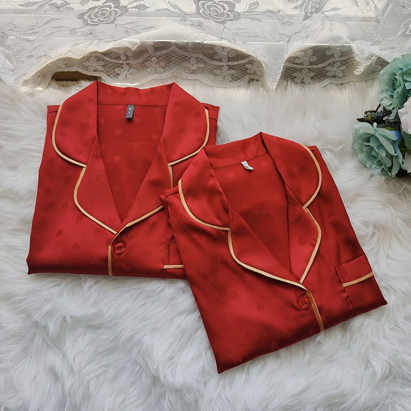 Ice Silk Pajama Set for Couples, Heart Design