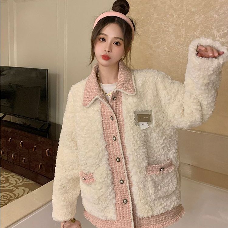 Lamb fleece jacket for women, lined, loose fit
