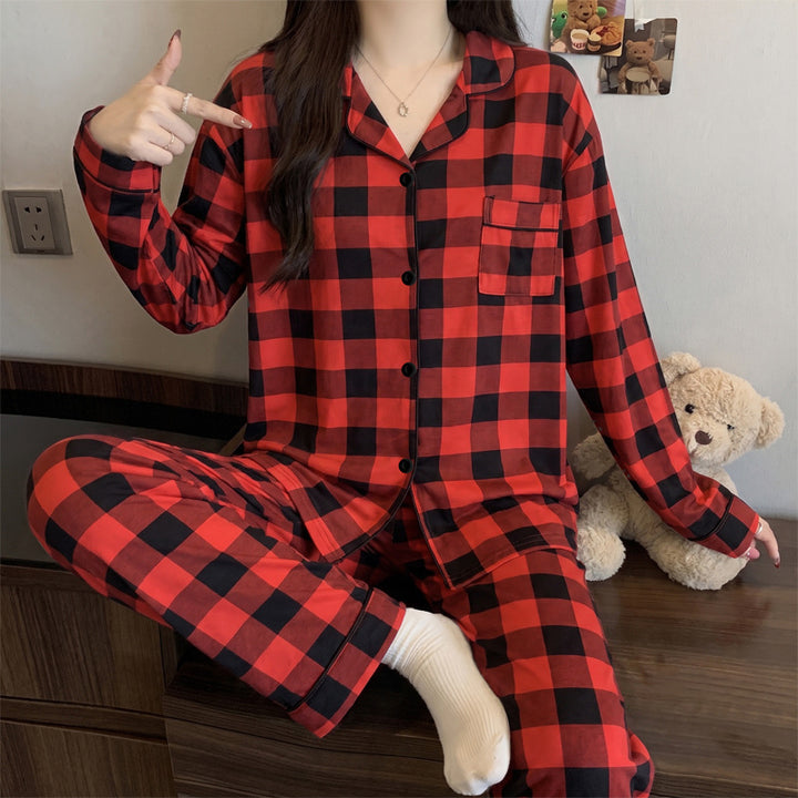 Ladies' Pajamas, Long Sleeve, Checked, Cotton Imitation