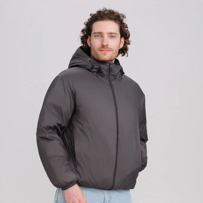 Men's down jacket, short, with hood, white duck down lining