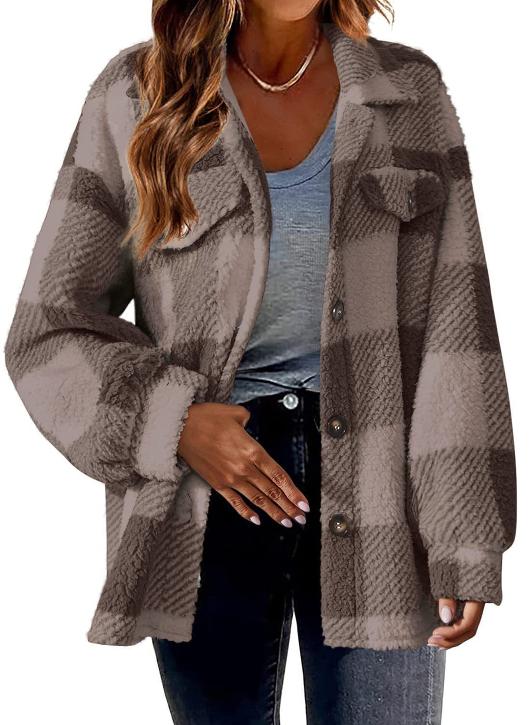 Checkered jacket made of lamb fleece imitation with pockets
