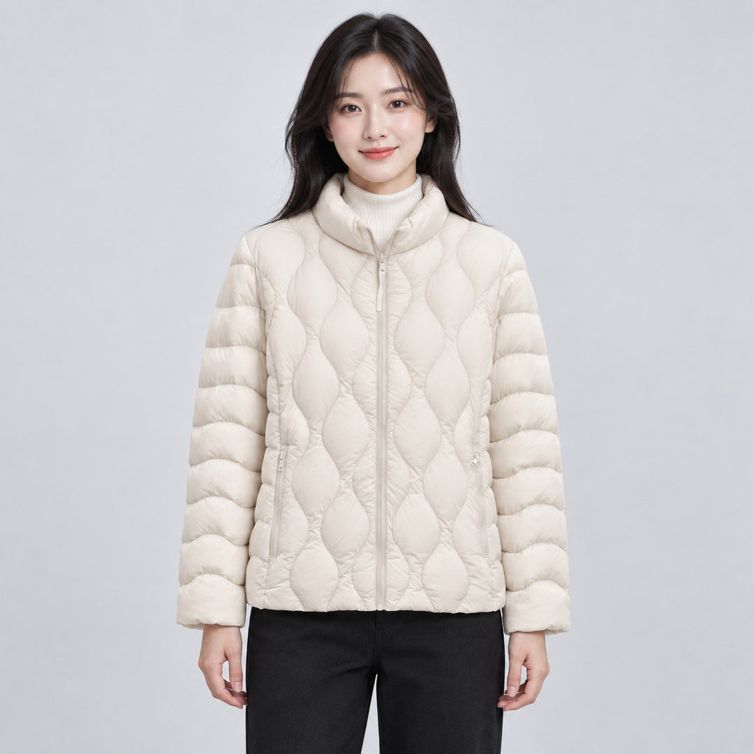 Light women's down jacket with stand-up collar and wave pattern
