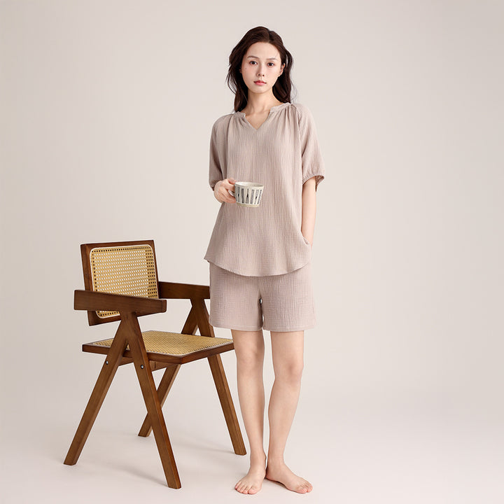 Women’s Pajama Set, Double Layer Gauze, V-Neck