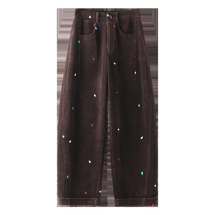 Women's corduroy pants, high-waisted, embroidered