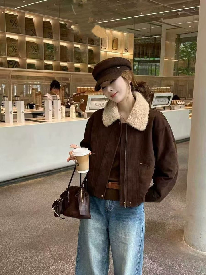 Women’s winter jacket, suede look, lambskin lining