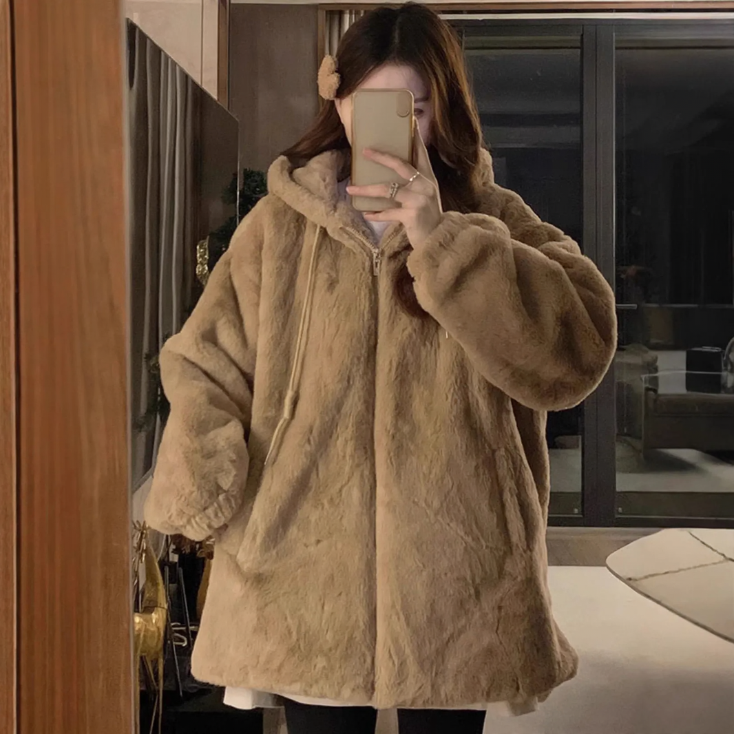 Casual lamb fleece hooded jacket for women