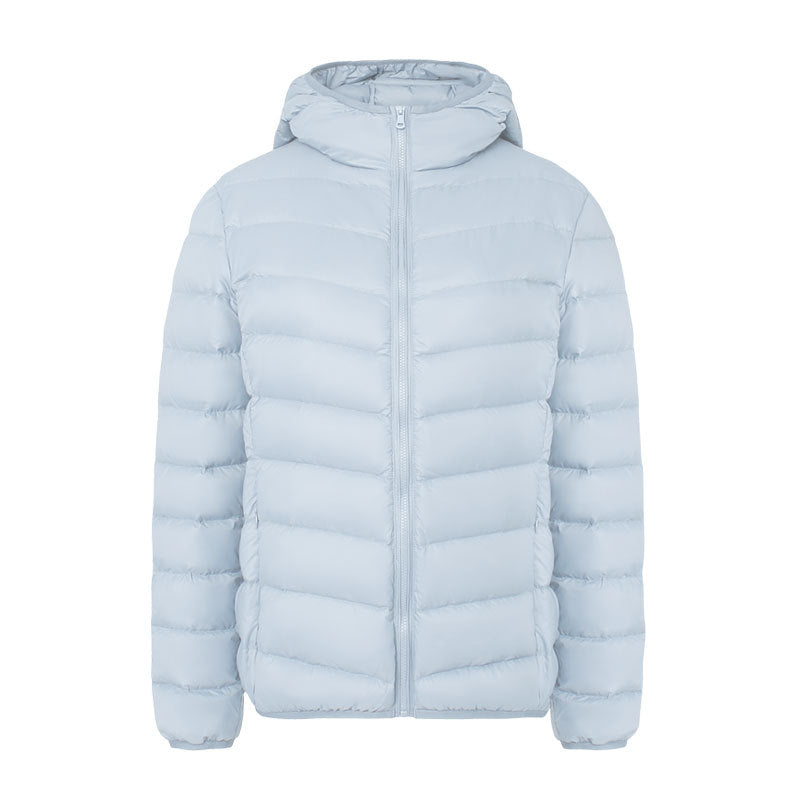 Light women's down jacket with hood, water-repellent