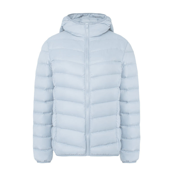 Light women's down jacket with hood, water-repellent